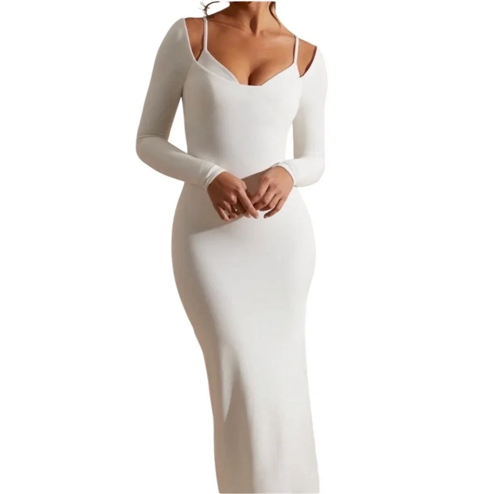 Oh Polly | Dresses | Oh Polly Sierra Long Sleeve Exposed Bra Maxi Dress  White Bodycon Slit Size 2 | Poshmark